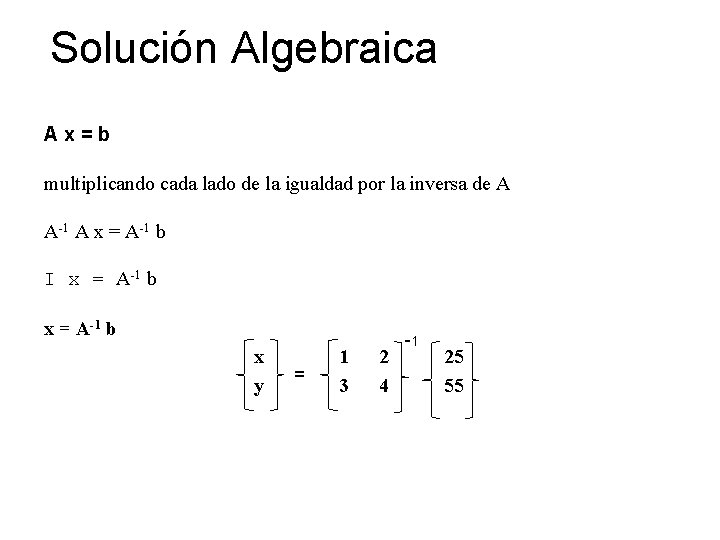Solución Algebraica Ax=b multiplicando cada lado de la igualdad por la inversa de A