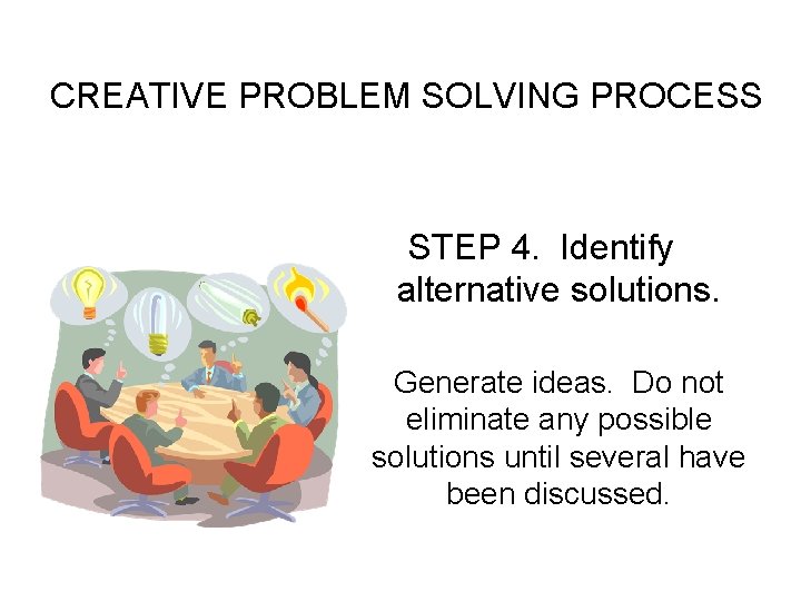 CREATIVE PROBLEM SOLVING PROCESS STEP 4. Identify alternative solutions. Generate ideas. Do not eliminate