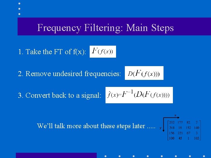 Frequency Filtering: Main Steps 1. Take the FT of f(x): 2. Remove undesired frequencies: Frequency Filtering: Main Steps 1. Take the FT of f(x): 2. Remove undesired frequencies: