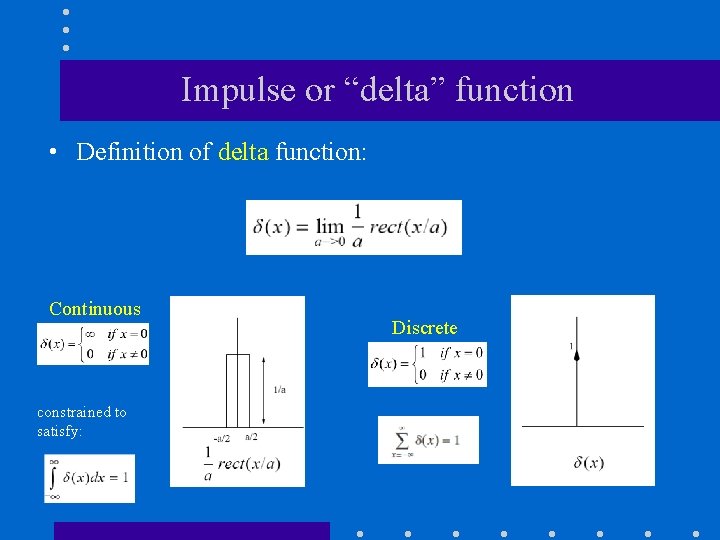 Impulse or “delta” function • Definition of delta function: Continuous constrained to satisfy: Discrete Impulse or “delta” function • Definition of delta function: Continuous constrained to satisfy: Discrete