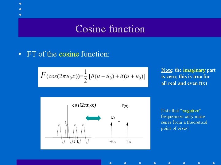 Cosine function • FT of the cosine function: Note: the imaginary part is zero; Cosine function • FT of the cosine function: Note: the imaginary part is zero;