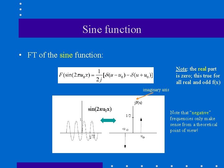Sine function • FT of the sine function: Note: the real part is zero; Sine function • FT of the sine function: Note: the real part is zero;
