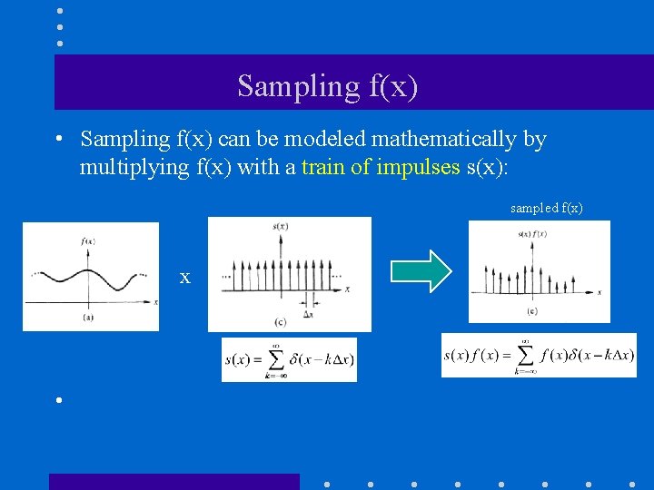 Sampling f(x) • Sampling f(x) can be modeled mathematically by multiplying f(x) with a Sampling f(x) • Sampling f(x) can be modeled mathematically by multiplying f(x) with a