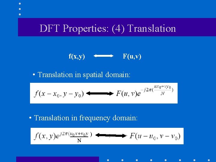 DFT Properties: (4) Translation f(x, y) F(u, v) • Translation in spatial domain: • DFT Properties: (4) Translation f(x, y) F(u, v) • Translation in spatial domain: •
