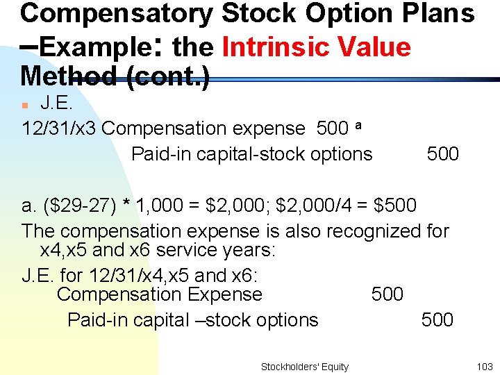 Compensatory Stock Option Plans –Example: the Intrinsic Value Method (cont. ) J. E. 12/31/x