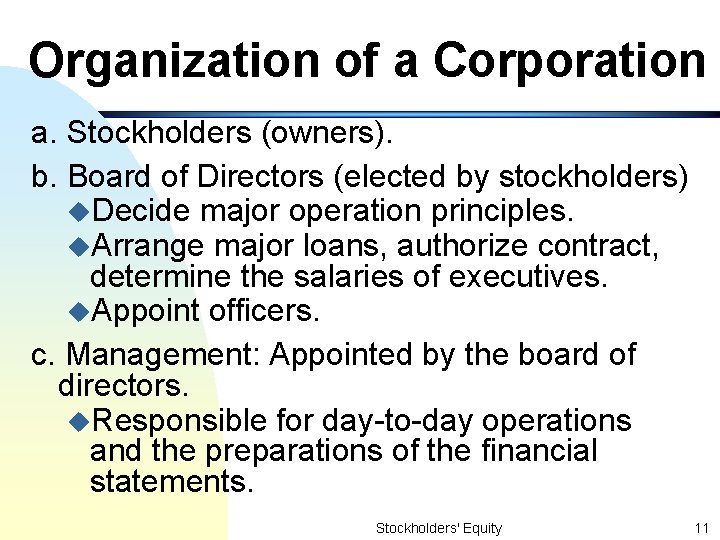 Organization of a Corporation a. Stockholders (owners). b. Board of Directors (elected by stockholders)