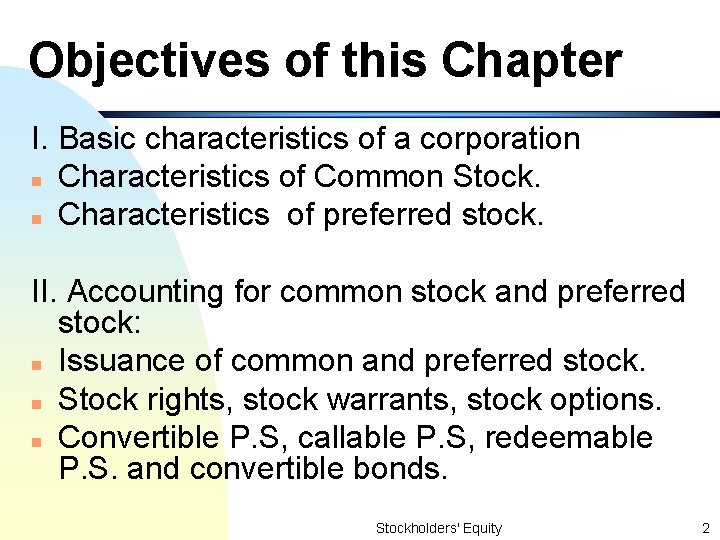 Objectives of this Chapter I. Basic characteristics of a corporation n Characteristics of Common
