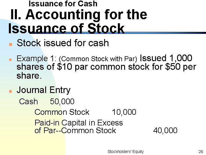 Issuance for Cash II. Accounting for the Issuance of Stock n Stock issued for