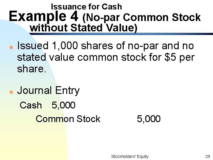 Issuance for Cash Example 4 (No-par Common Stock without Stated Value) n n Issued