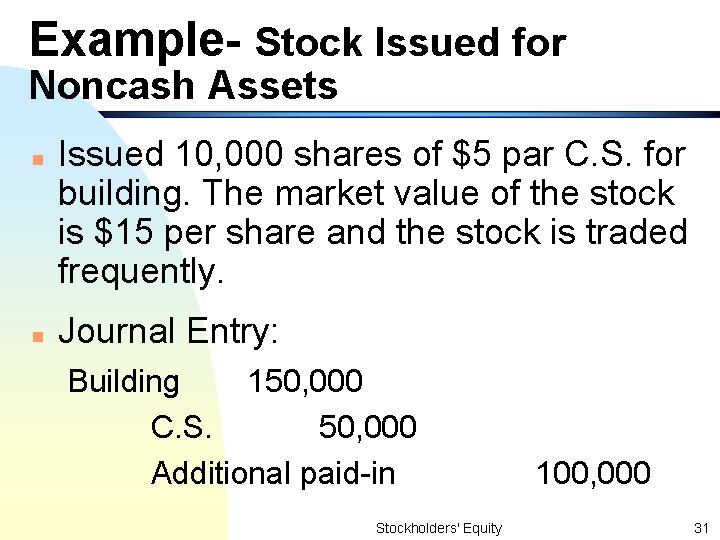 Example- Stock Issued for Noncash Assets n n Issued 10, 000 shares of $5