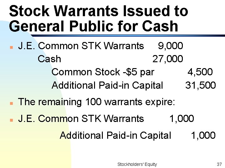 Stock Warrants Issued to General Public for Cash n J. E. Common STK Warrants