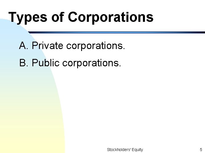 Types of Corporations A. Private corporations. B. Public corporations. Stockholders' Equity 5 