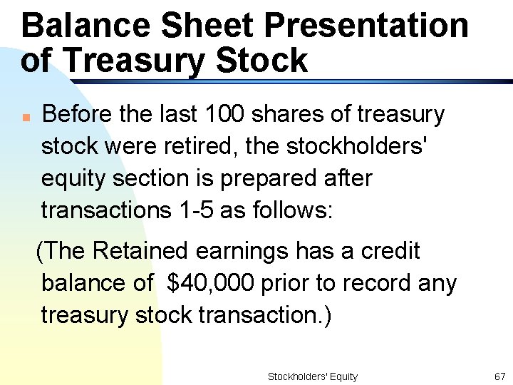 Balance Sheet Presentation of Treasury Stock n Before the last 100 shares of treasury