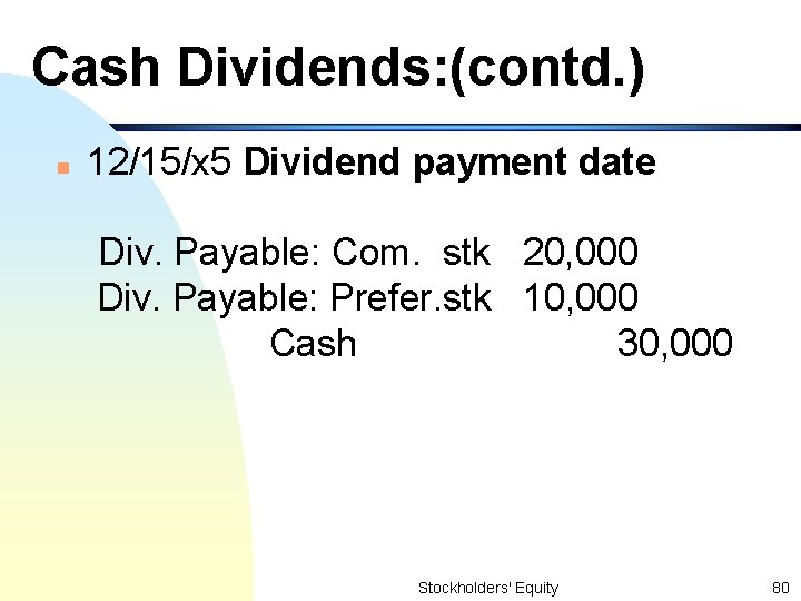 Cash Dividends: (contd. ) n 12/15/x 5 Dividend payment date Div. Payable: Com. stk