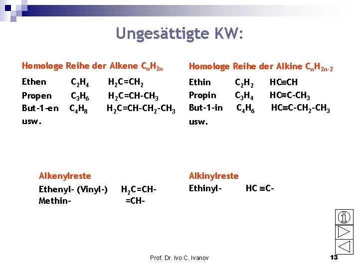 Ungesättigte KW: Homologe Reihe der Alkene Cn. H 2 n Homologe Reihe der Alkine