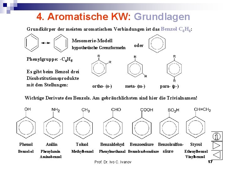 4. Aromatische KW: Grundlagen Grundkörper der meisten aromatischen Verbindungen ist das Benzol C 6