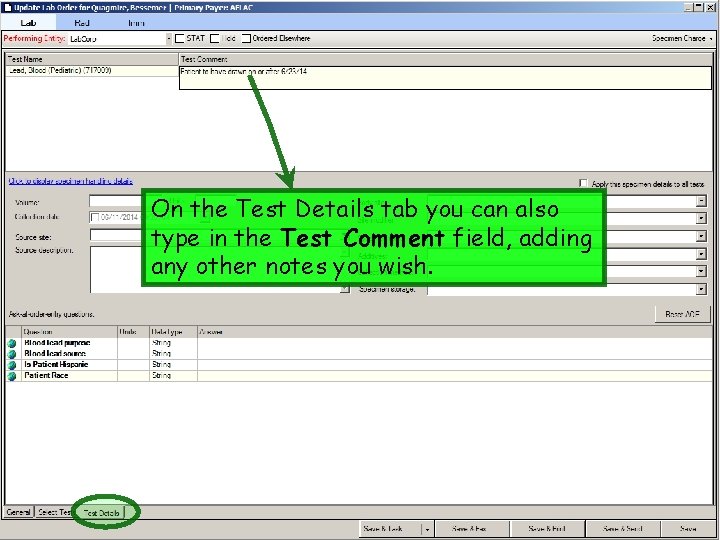 On the Test Details tab you can also type in the Test Comment field, On the Test Details tab you can also type in the Test Comment field,