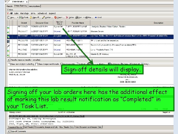 Sign-off details will display. Signing off your lab orders here has the additional effect