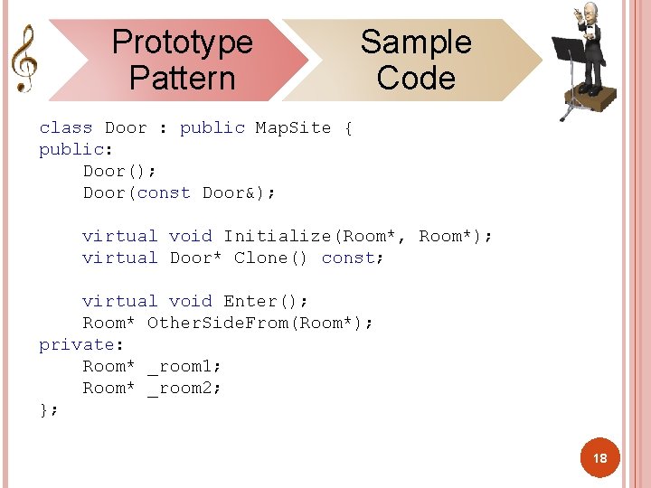 Prototype Pattern Sample Code class Door : public Map. Site { public: Door(); Door(const