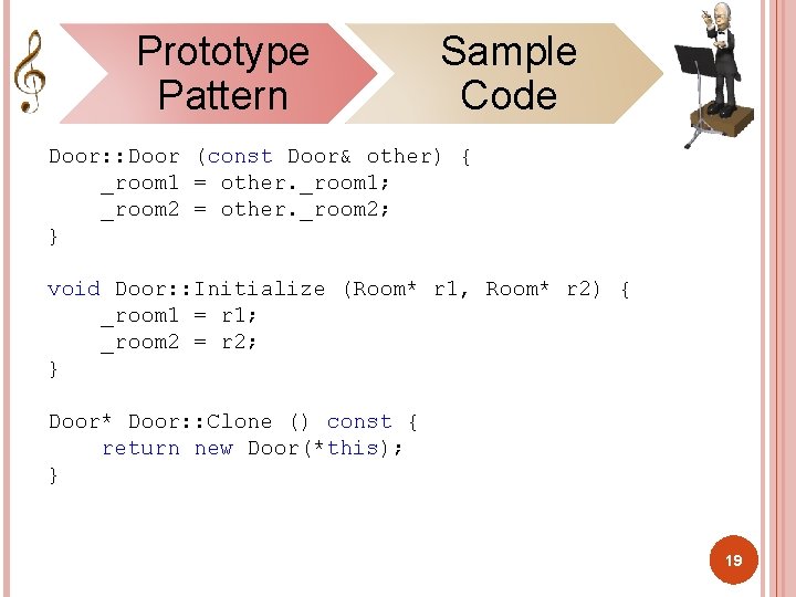 Prototype Pattern Sample Code Door: : Door (const Door& other) { _room 1 =