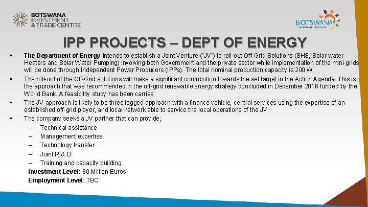 IPP PROJECTS – DEPT OF ENERGY • • The Department of Energy intends to