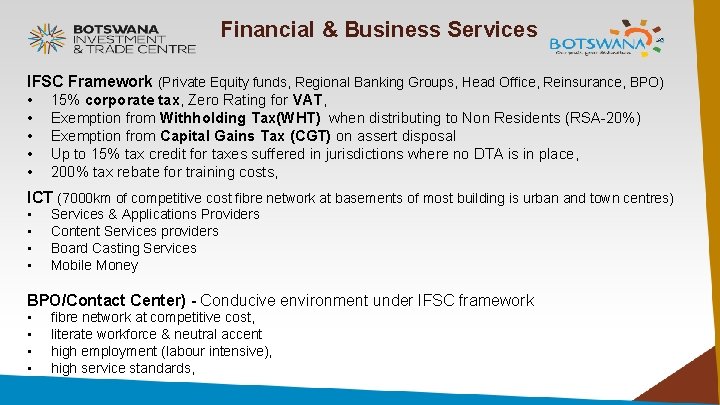 Financial & Business Services IFSC Framework (Private Equity funds, Regional Banking Groups, Head Office,