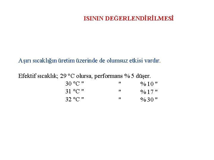 ISININ DEĞERLENDİRİLMESİ Aşırı sıcaklığın üretim üzerinde de olumsuz etkisi vardır. Efektif sıcaklık; 29 °C