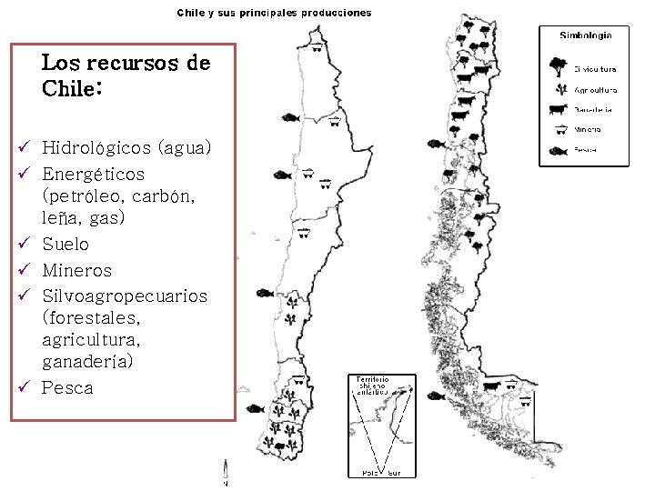 Los recursos de Chile: ü Hidrológicos (agua) ü Energéticos (petróleo, carbón, leña, gas) ü