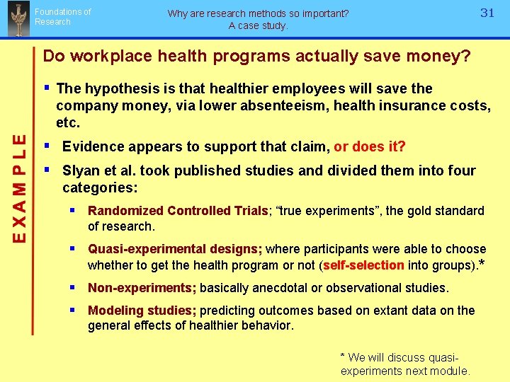 Foundations of Research Why are research methods so important? A case study. 31 Do