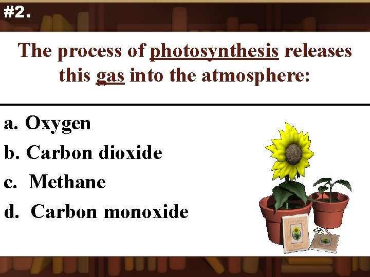 #2. The process of photosynthesis releases this gas into the atmosphere: a. Oxygen b.