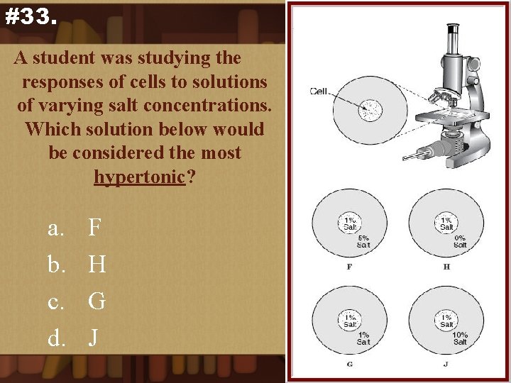 #33. A student was studying the responses of cells to solutions of varying salt