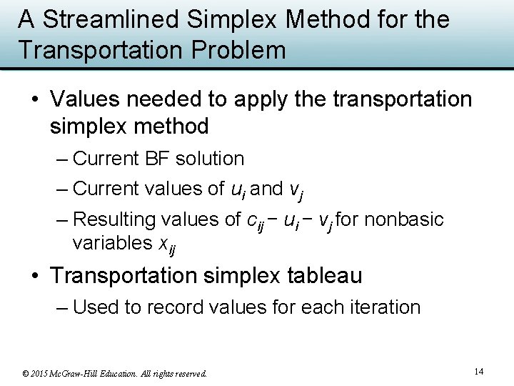 A Streamlined Simplex Method for the Transportation Problem • Values needed to apply the