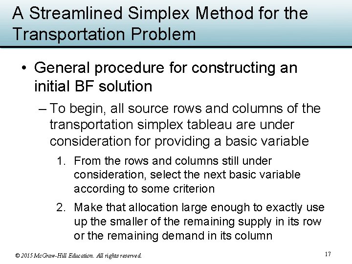 A Streamlined Simplex Method for the Transportation Problem • General procedure for constructing an