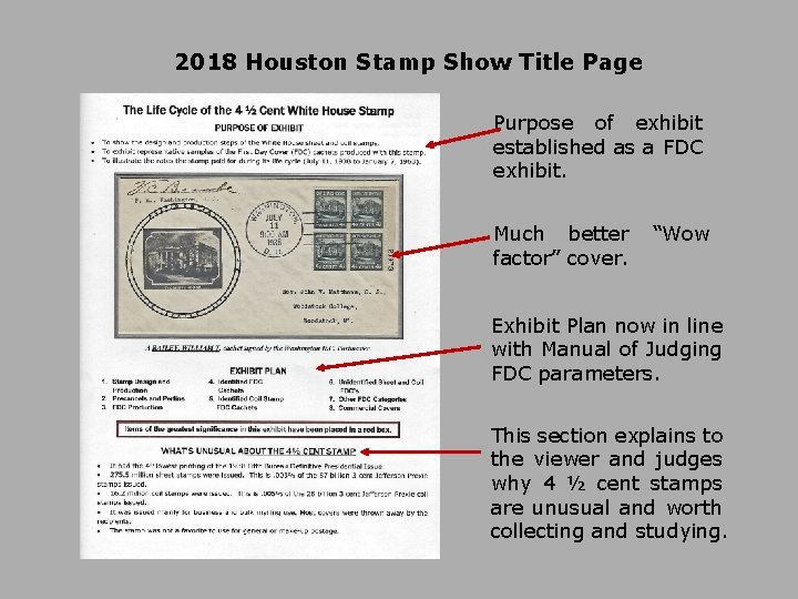 2018 Houston Stamp Show Title Page Purpose of exhibit established as a FDC exhibit.