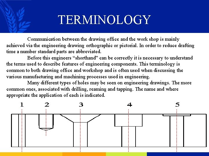 TERMINOLOGY Communication between the drawing office and the work shop is mainly achieved via