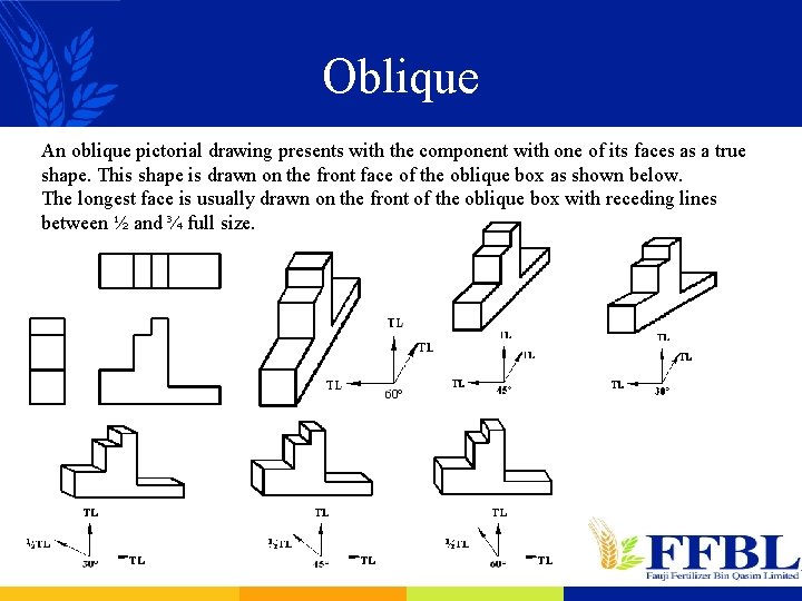 Oblique An oblique pictorial drawing presents with the component with one of its faces