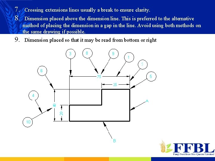 7. Crossing extensions lines usually a break to ensure clarity. 8. Dimension placed above