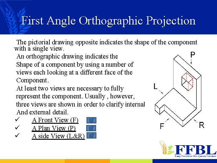First Angle Orthographic Projection The pictorial drawing opposite indicates the shape of the component
