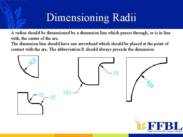 Dimensioning Radii A radius should be dimensioned by a dimension line which passes through,