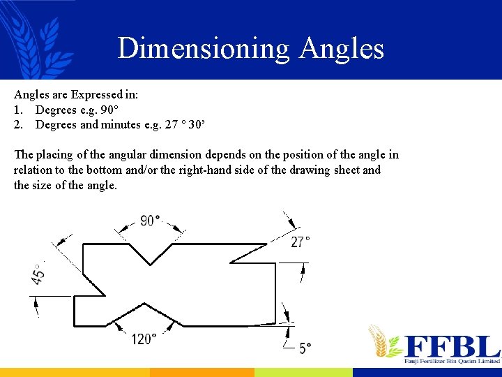 Dimensioning Angles are Expressed in: 1. Degrees e. g. 90° 2. Degrees and minutes