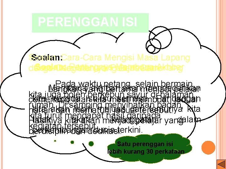 PERENGGAN ISI Soalan: Cara-Cara Mengisi Masa Lapang Soalan: Pentingnya Membaca Akhbar Cara-Cara Menjadi Pelajar