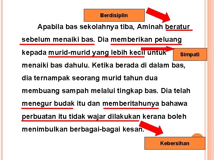 Berdisiplin Apabila bas sekolahnya tiba, Aminah beratur sebelum menaiki bas. Dia memberikan peluang kepada