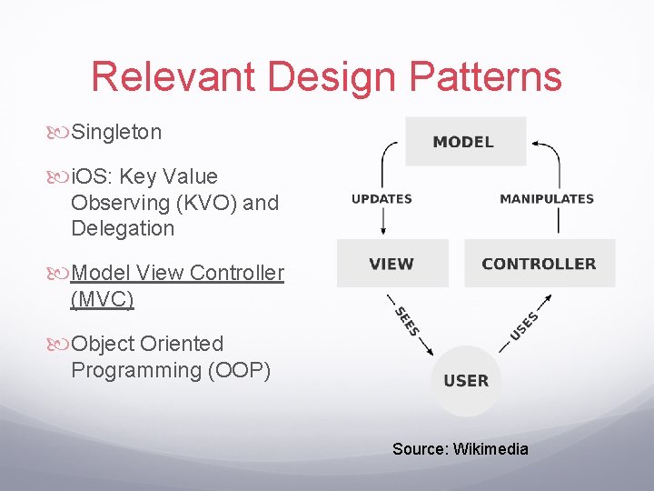 Relevant Design Patterns Singleton i. OS: Key Value Observing (KVO) and Delegation Model View