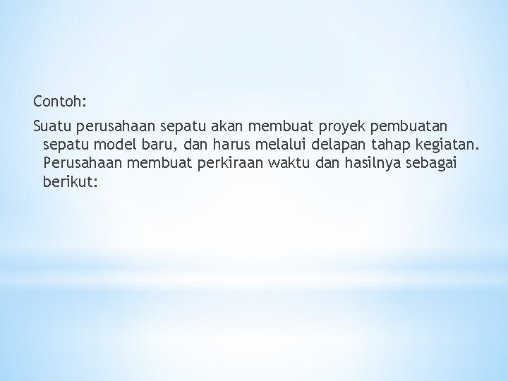 Contoh: Suatu perusahaan sepatu akan membuat proyek pembuatan sepatu model baru, dan harus melalui