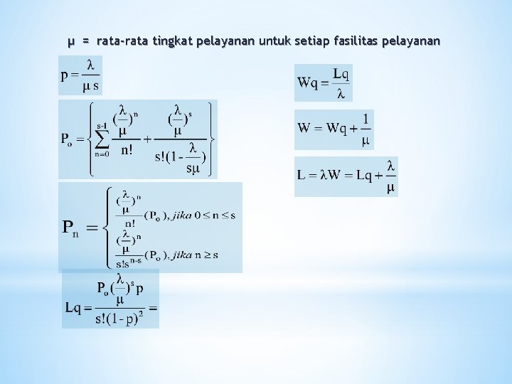 µ = rata-rata tingkat pelayanan untuk setiap fasilitas pelayanan 