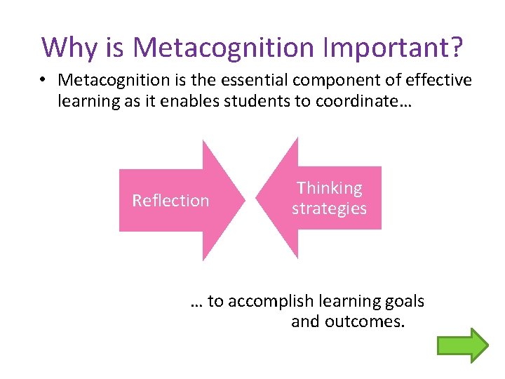 Why is Metacognition Important? • Metacognition is the essential component of effective learning as