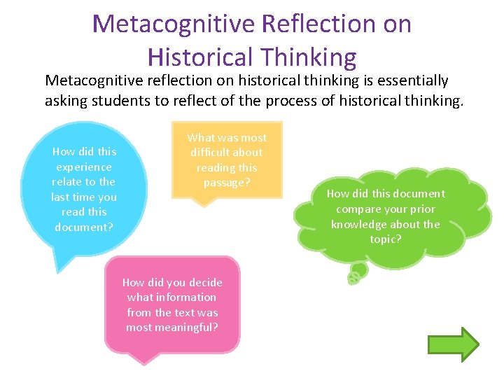 Metacognitive Reflection on Historical Thinking Metacognitive reflection on historical thinking is essentially asking students