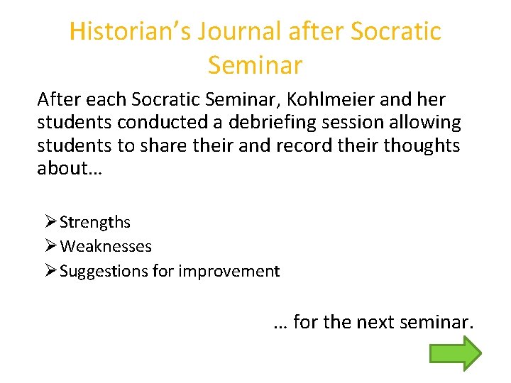 Historian’s Journal after Socratic Seminar After each Socratic Seminar, Kohlmeier and her students conducted