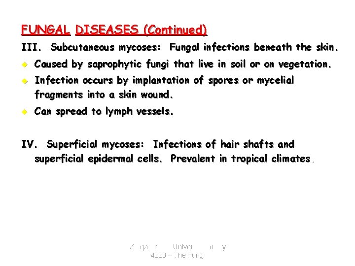 FUNGAL DISEASES (Continued) III. Subcutaneous mycoses: Fungal infections beneath the skin. u u u