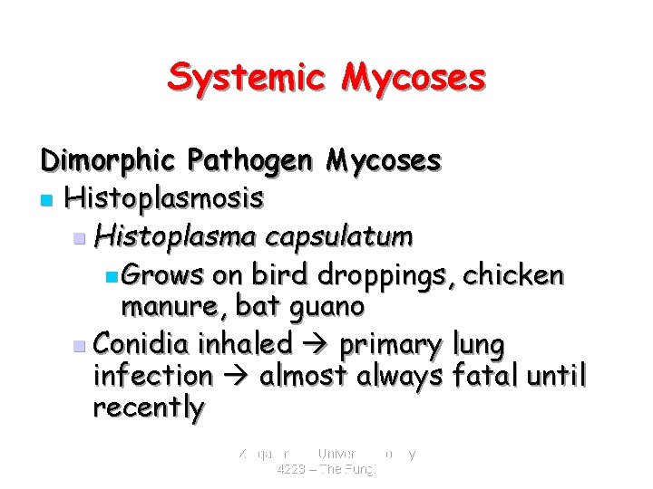 Systemic Mycoses Dimorphic Pathogen Mycoses n Histoplasmosis n Histoplasma capsulatum n Grows on bird